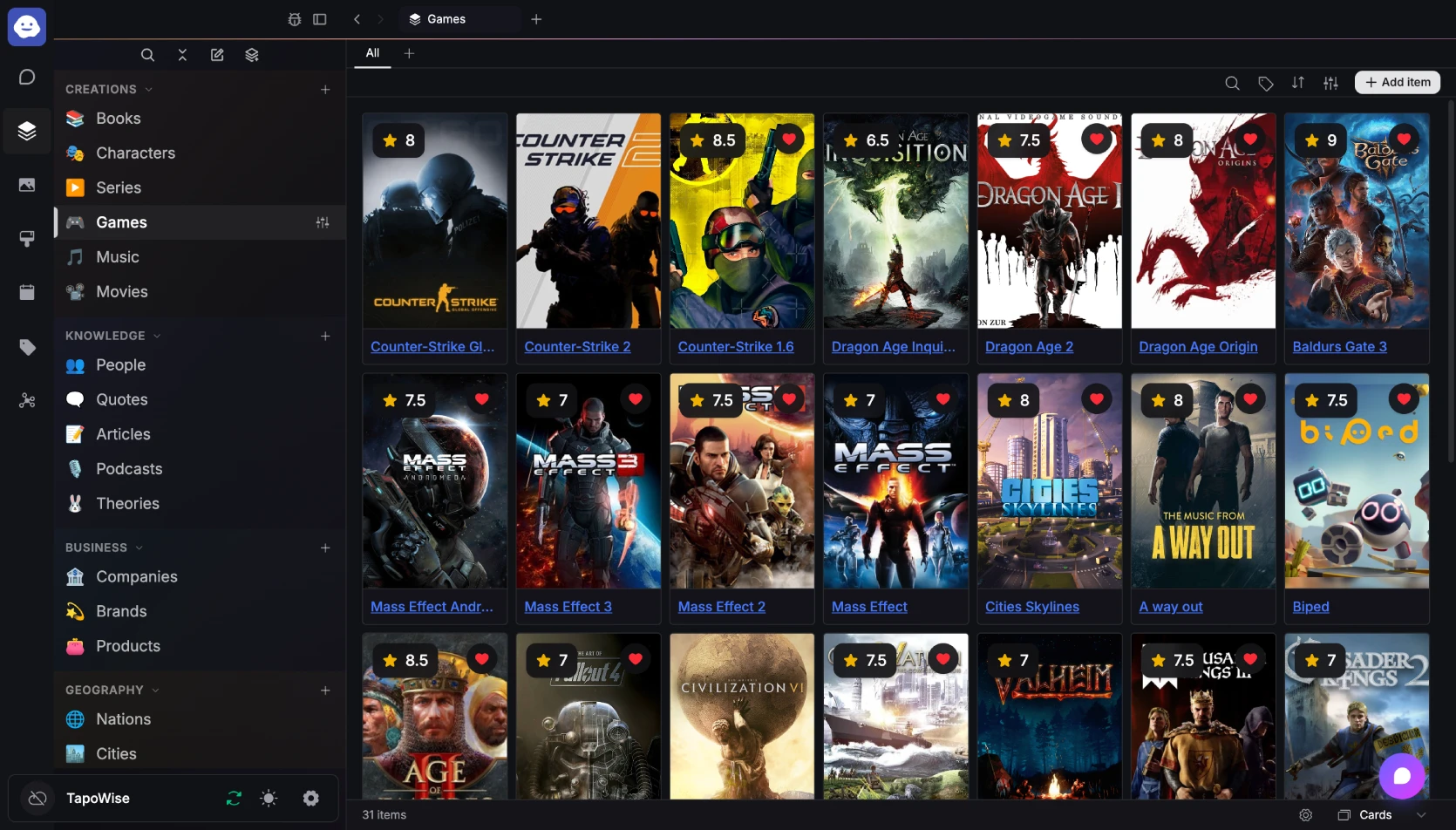 TapoWise app — your library of collections, games and books in a personalised view